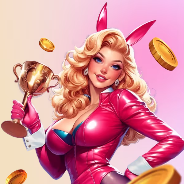 Vipzino Casino Games – A stylish female character in pink celebrating winnings from Vipzino casino games.