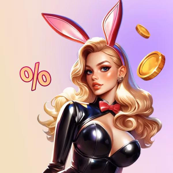 Vipzino casino games – A glamorous character in bunny ears showcasing exciting Vipzino casino games with golden coins.