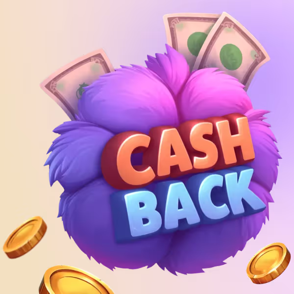 Vipzino bonuses – A vibrant cashback offer at Vipzino featuring a fluffy purple design with golden coins.