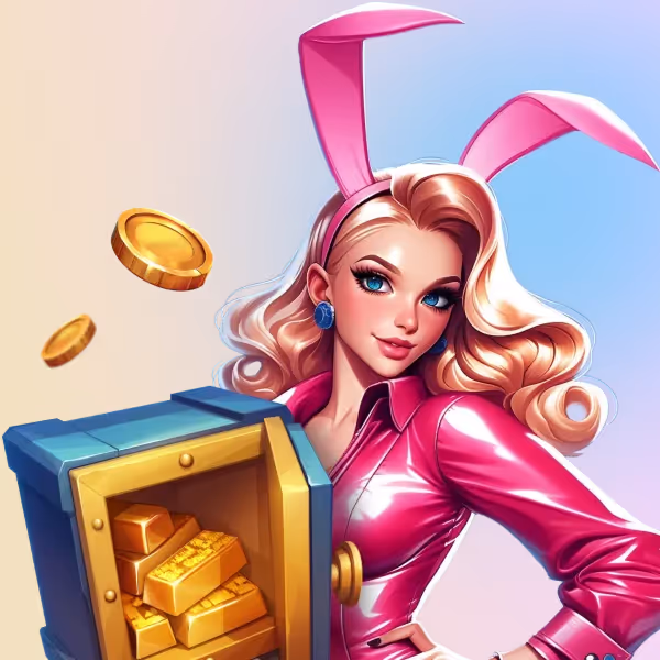 Vipzino casino review – A blonde character in a pink outfit holding a safe, symbolizing security and rewards at Vipzino Casino.